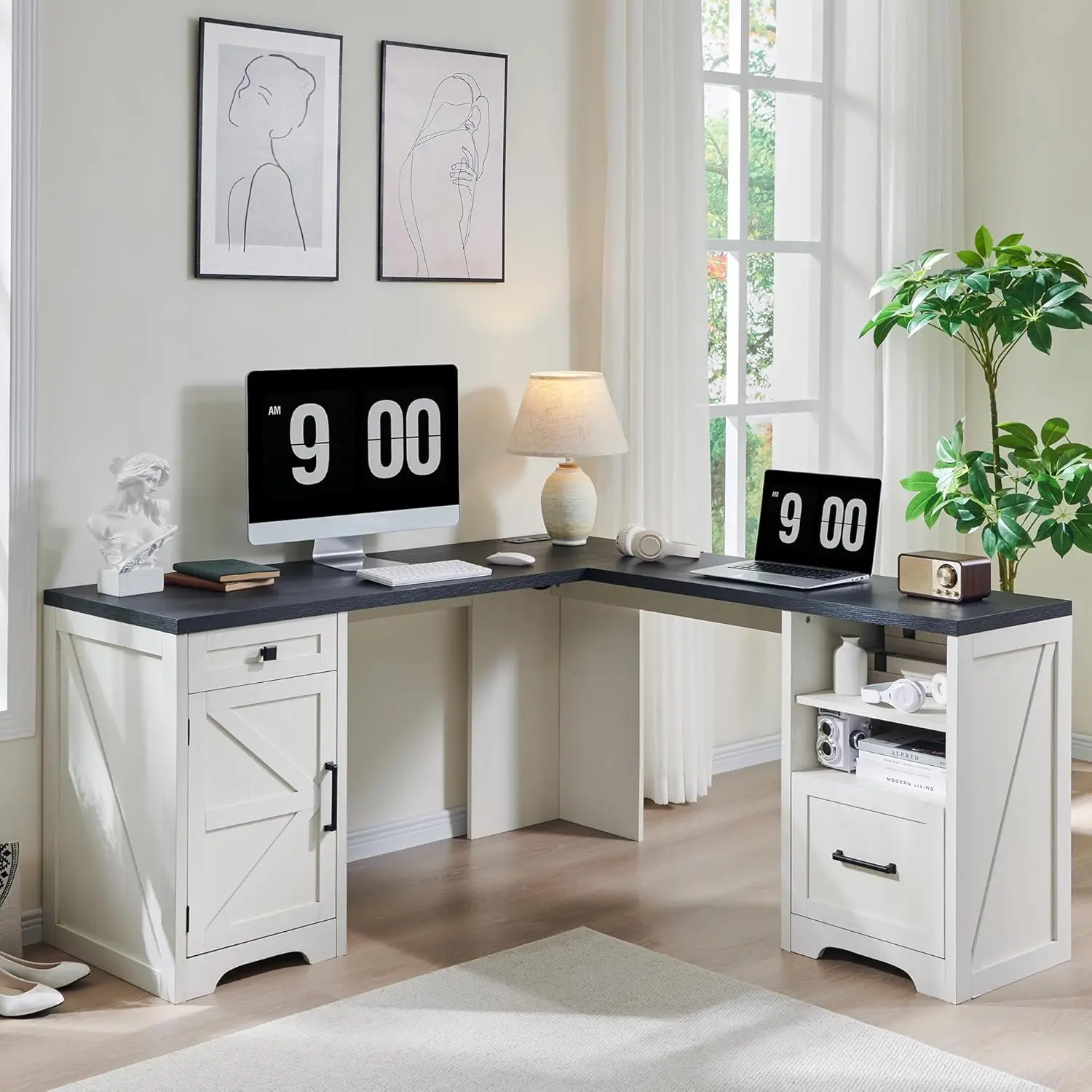 JXQTLINGMU L Shaped Desk, Corner Computer Desk with File Drawer & Charging Station, Home Office 59x59Inch