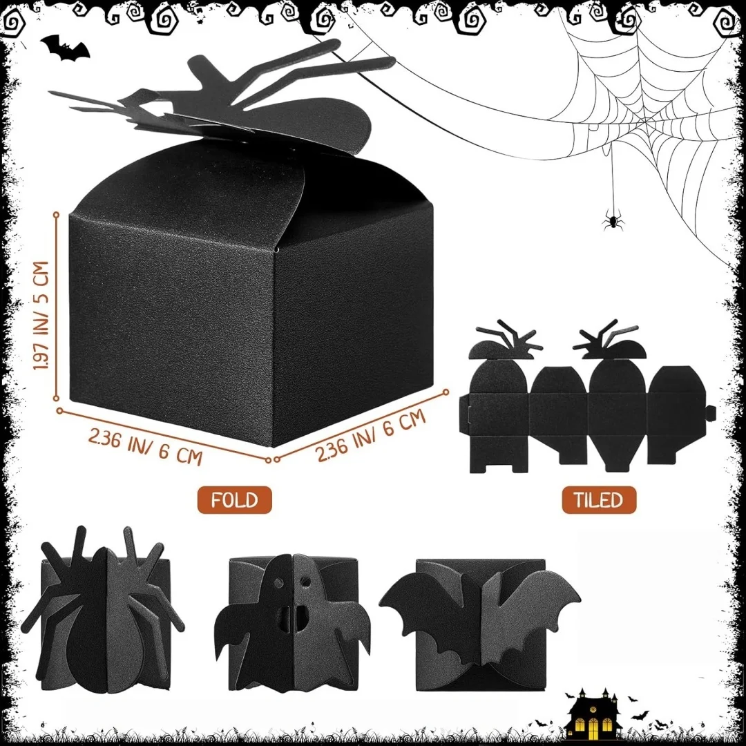 10pcs Black Halloween Party Treat Boxes Bat Ghost Candy Gift Box Foldable Cardboard Packaging Boxes Party Favor Wholesale