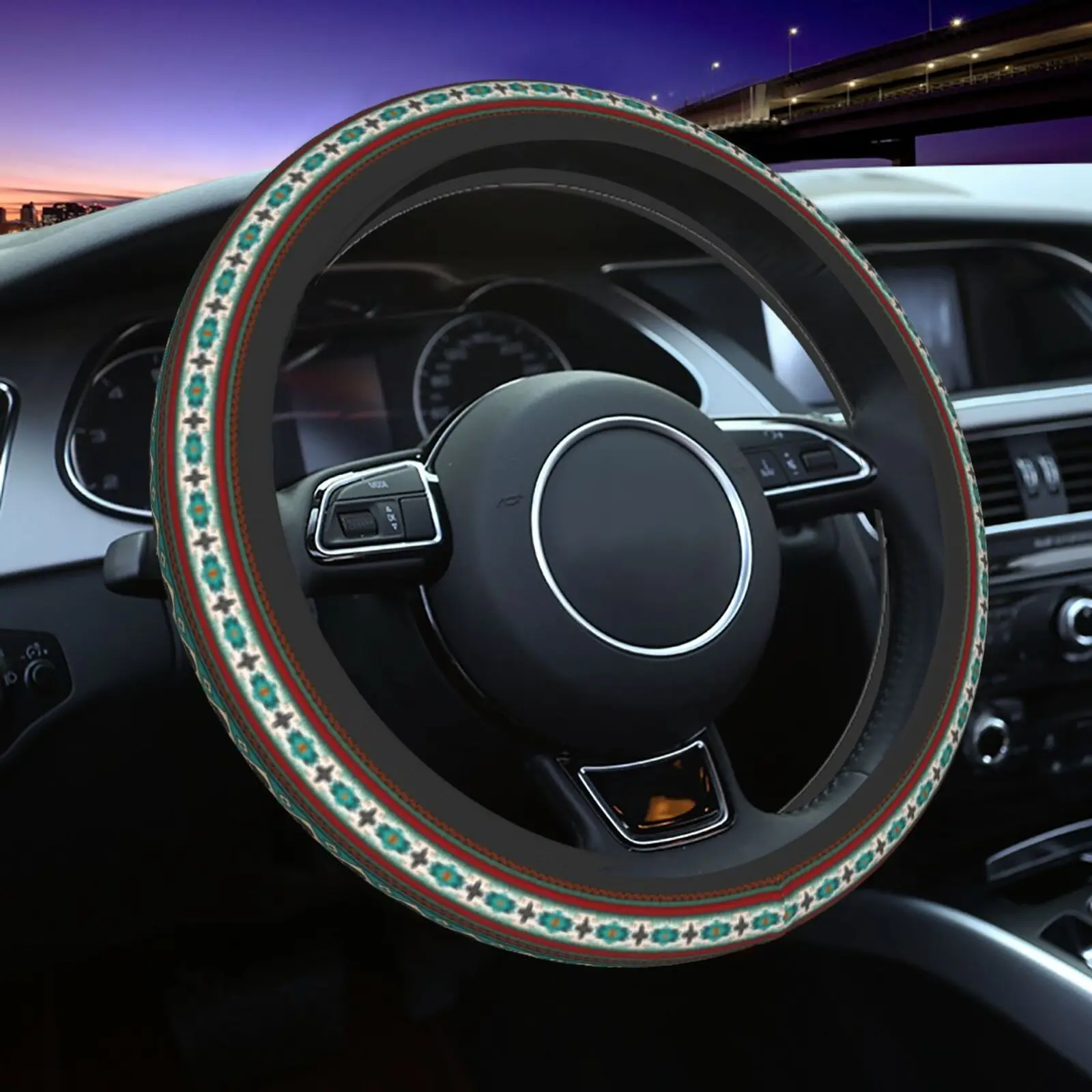 Aztec Bear Pattern Print Steering Wheel Universal 15 Inch Car Accessories Protector for Women Fit Auto SUV Sedan Vans Trucks