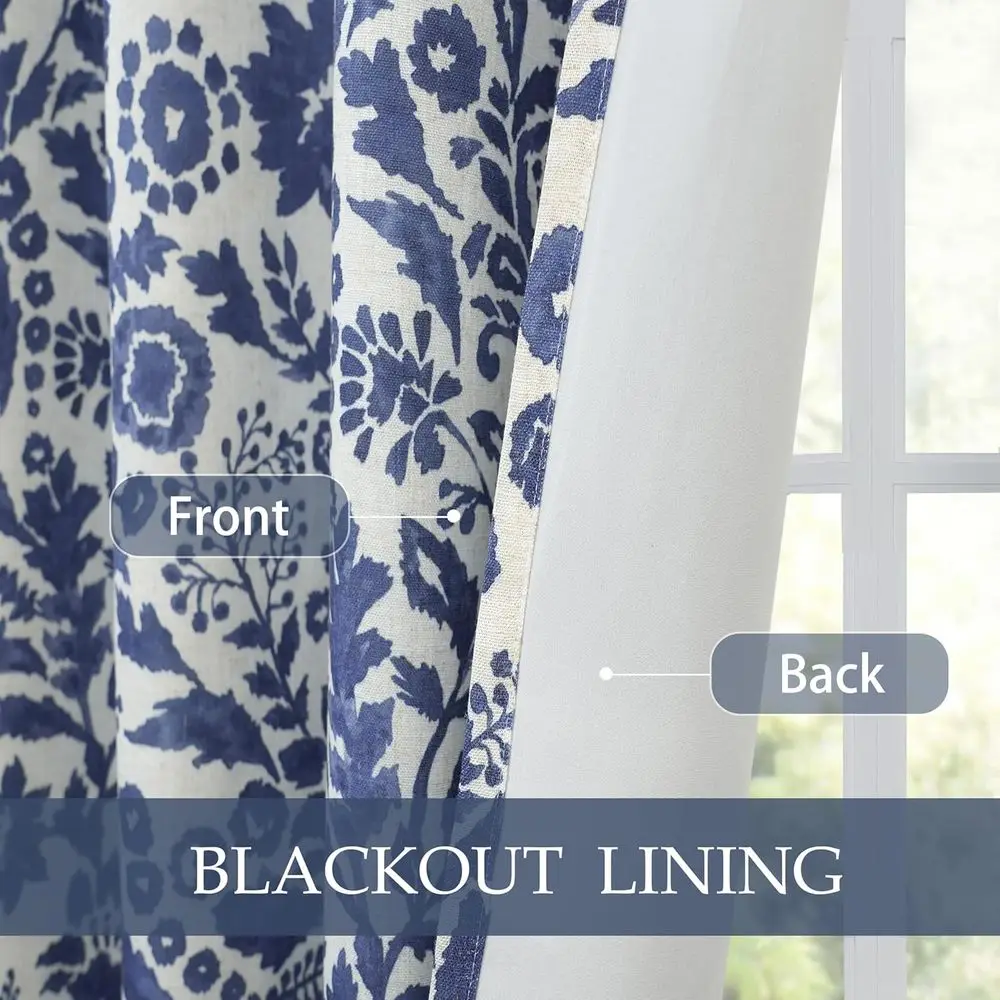 Zasłony termoizolacyjne zaciemniające z lnu w kolorze granatowym, dwuczęściowe, 132x213 cm, z nadrukiem akwarelowym i podszewką.