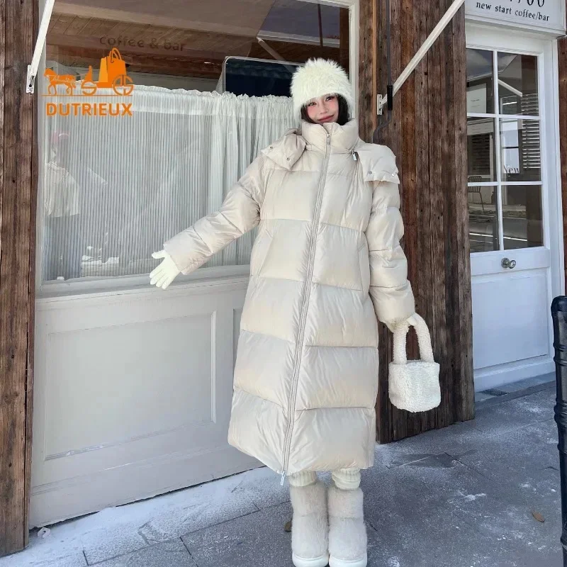 New Winter Down Jacket for Women with Hooded Long Coat 90% White Goose Loose Version Warm