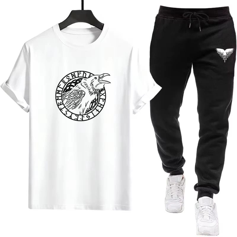 

2026 Men's Urban Casual Spring Summer Loose T-Shirt Set, Street Style Crew Neck Cotton T-Shirt & Slim Fit Joggers