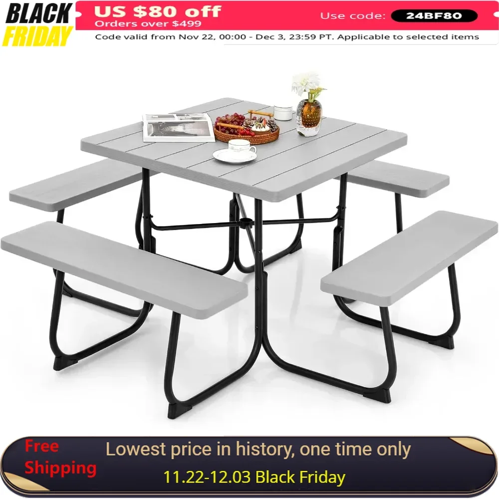 

8 Person Picnic Table, Outdoor Picnic Table with 4 Built-in Benches, Umbrella Hole, Metal Frame & HDPE Tabletop, Outside Table