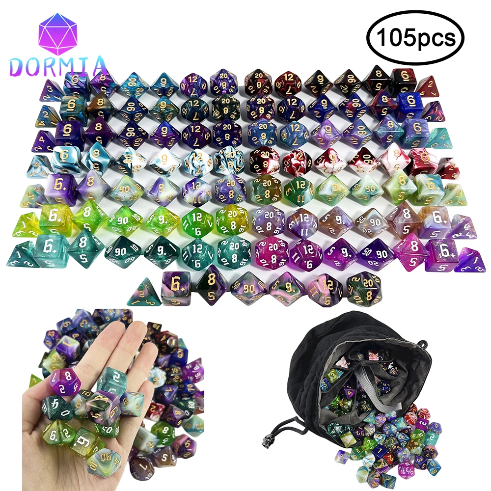 105pcs Dice Set with Bag for DND RPG Party/Family Table Board Role Playing Game Dados D4 D6 D8 D10 D% D12 D20