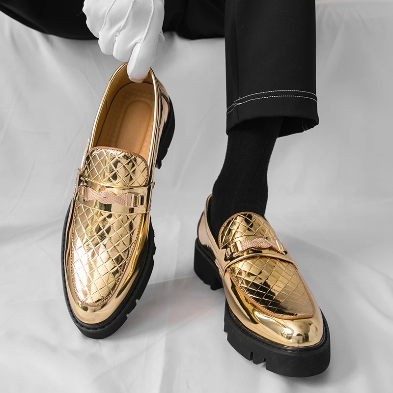 

Luxury Brand Men's Business Formal Party Gold and Silver Shoes Fashionable New Men's Comfortable Thick Soled Pointed Loafers