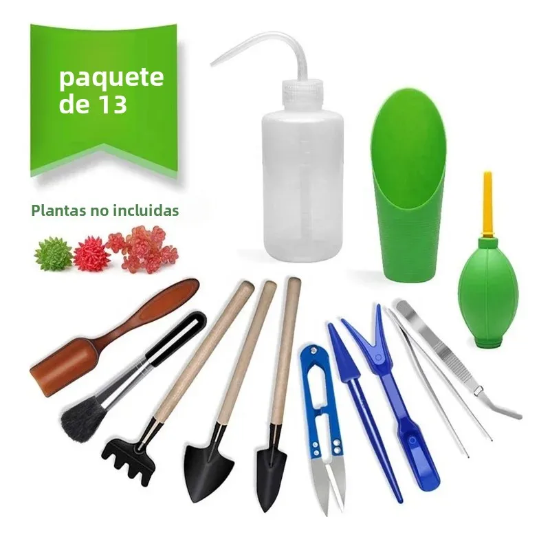13 Uds Kit de macetero de jardín DIY pala de siembra cuchara cubo cuchara suculentas herramienta de plántulas bonsái fertilizante dispositivo de perforación