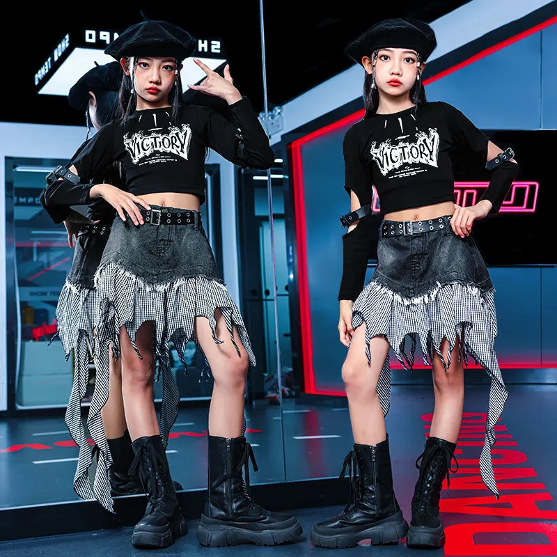 teen girl hip hop Street dance clothes Set Ripped T-shirt+Denim patchwork checkered irregular skirt 2pcs junior kid ourfits suit