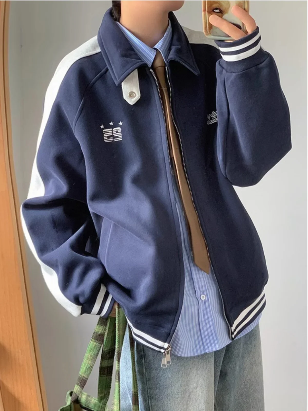 

Retro Color Block Jacket Men Women Spring Stripe Varsity Collar Embroidered Hoodie Coat Loose Couples Casual Trendy Outerwear