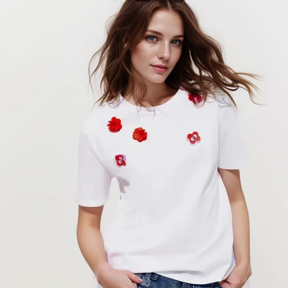 2024 Women's Fashion New Unique and Elegant Flower Decoration Casual T-shirt