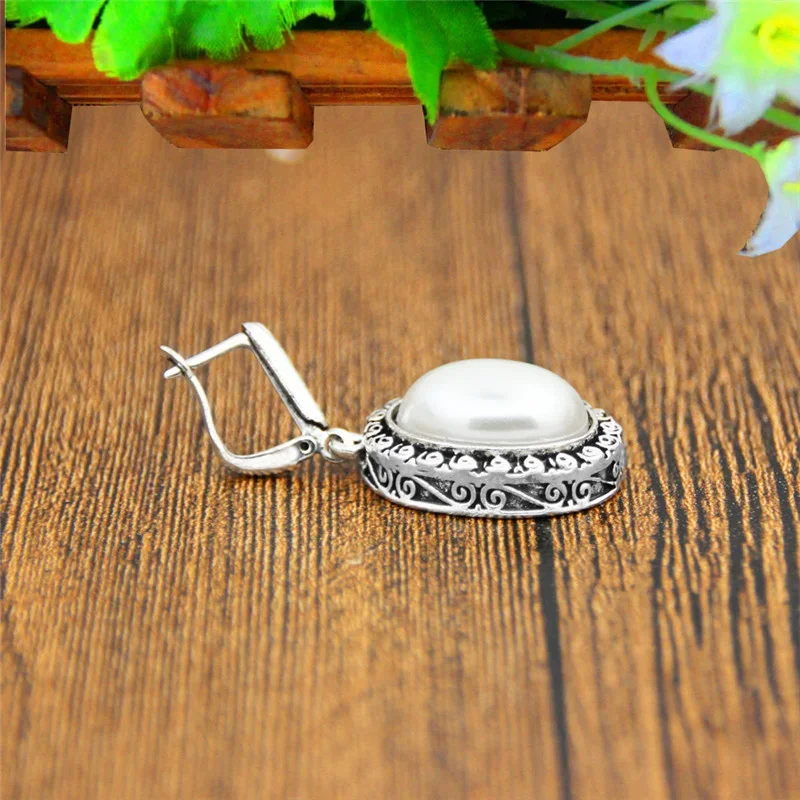 Big Oval Pearl Earrings For Women Vintage Antique Silver Plated Flower Pendant Fashion Jewelry