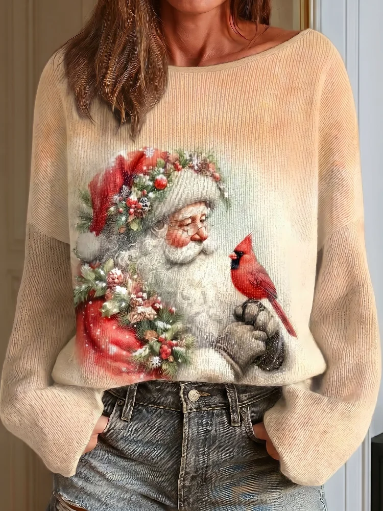 New Style Women's Boat-Neck Ribbed Knitted Sweater, Warm and Loose Shoulder Design, Santa Claus Sweater, Retro Holiday Pattern Long-Sleeved Knitted Pullover, Casual Winter Christmas Top.