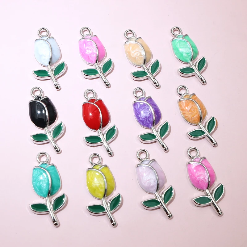 20pcs 21x10mm Enamel Rose Bud Flower Charms Pendant Alloy Metal DIY Jewelry Making Accessories Findings for Necklace Earrings - view 5