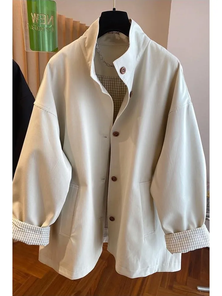 Spring Autumn Plus Size Loose Collar Plaid Jacket Coat Women New Temperament Fashion Joker Contrast Windbreaker Ladies Jackets