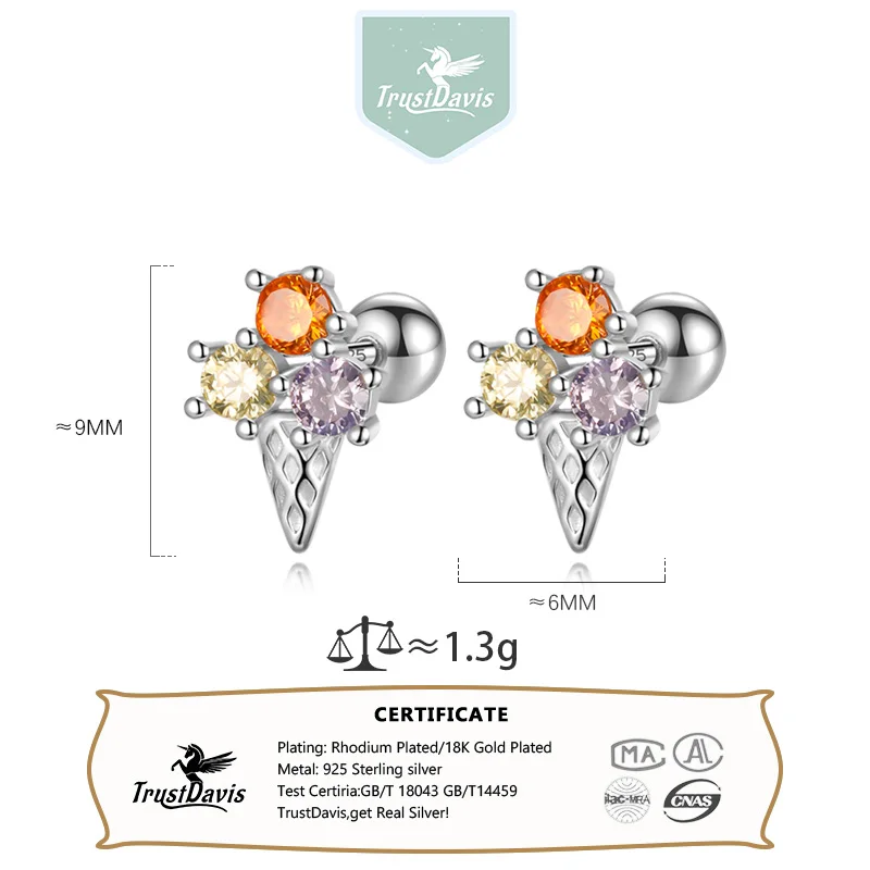 TrustDavis Girls 925 Sterling Silver Ice Cream CZ Bead Screw Stud Earrings for Daughter Children Birthday Gift Jewelry DS4150