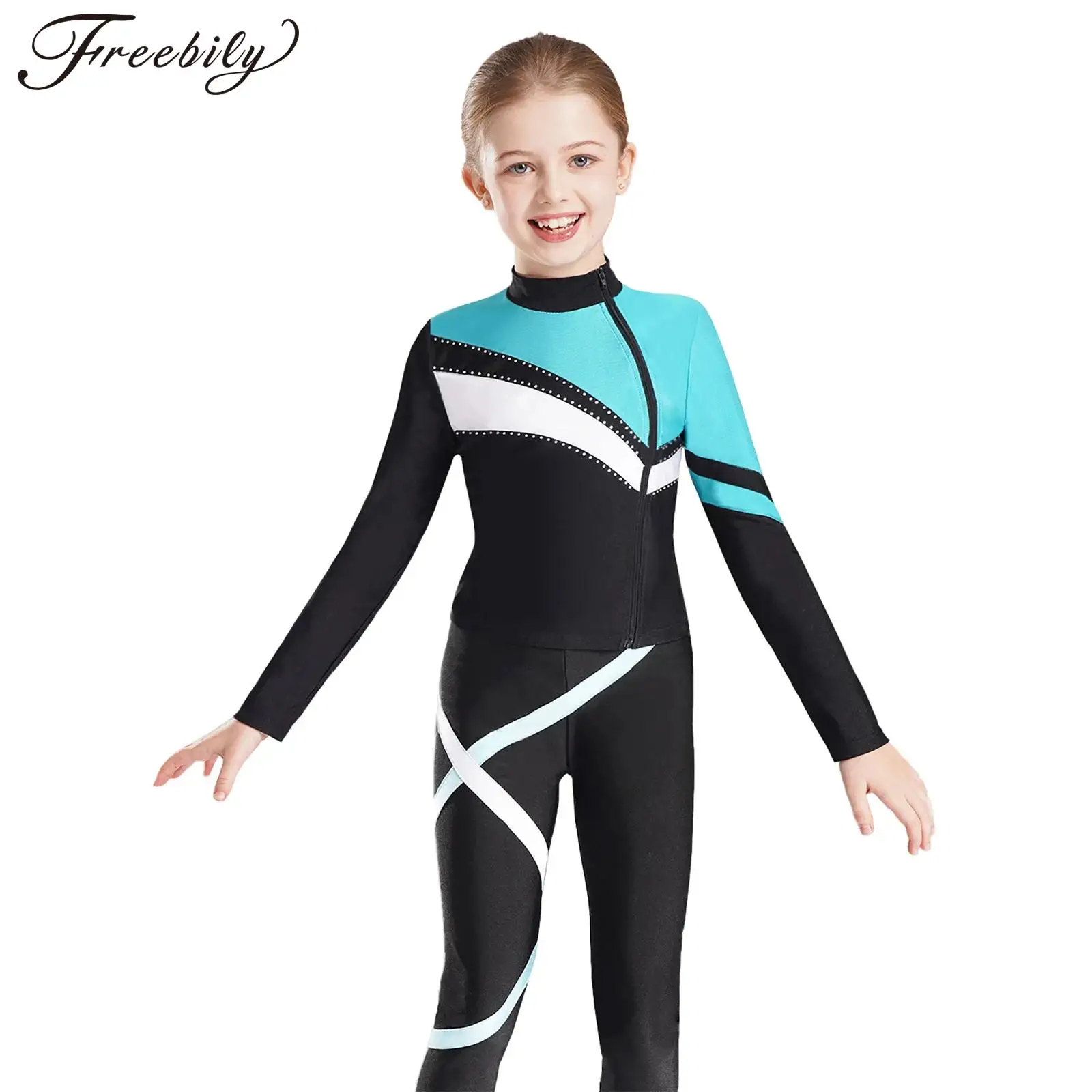 Kids Girls Figure Skating Jacket Long Shiny Rhinestones Ice Skating Zip Up Jackets Artistic Gymnastics Training Tops Activewear