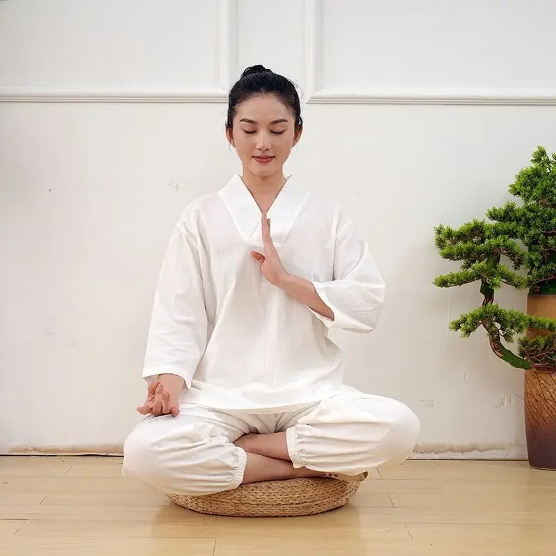 

2024 daily yoga tai chi set chinese style seven-point sleeve meditation men and women cotton hemp summer new chinese zen suit