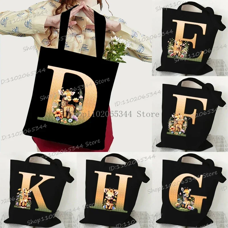 26 Giraffe Floral Alphabet Shoulder Bag Women High-capacity Shopping Bags Teen Cartoon Animal Letter A-Z Graphics Canvas Handbag