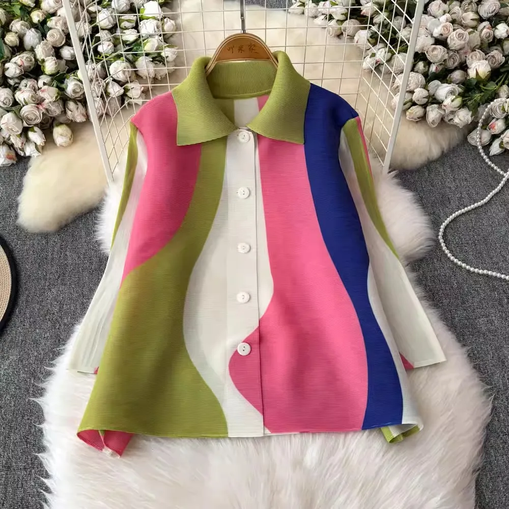 Miyake Pleated Colorblock Short Tops Women's Turn Down Neck High Stretch Korean Fashion Single Breasted Large Size Blouse Shirts