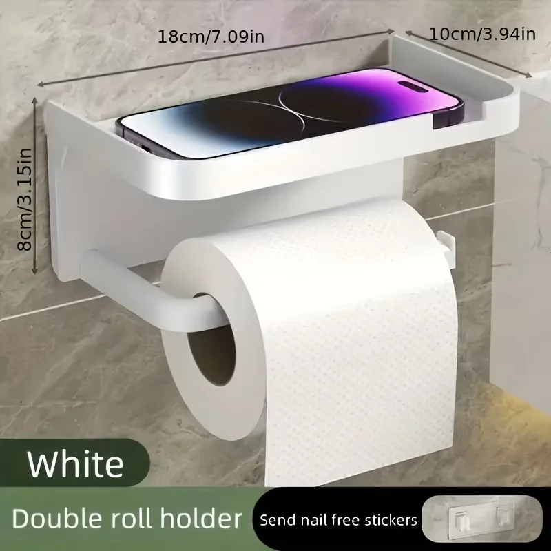 Wall Mounted Toilet Paper Holder with Phone Shelf Bathroom Storage Rack Tissue Box Bracket Organizer