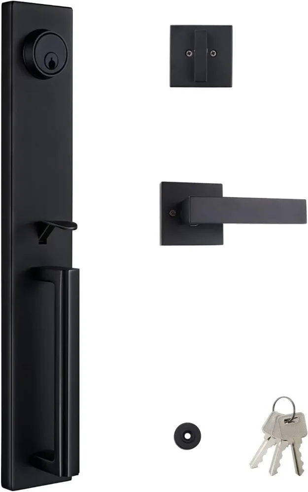 Double Door Handle Set with Dummy, Iron Black Full Escutcheon Front Door Handle Set with Key, Heavy Duty Square