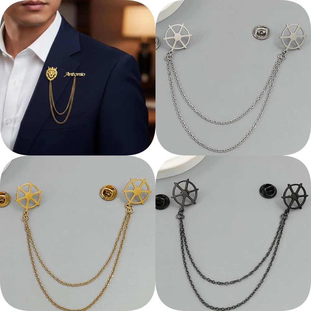 Metal Brooch Double Ship Wheel Lapel Pin With Chain Gold Tone Suit Collar Badge Men Clothing Accessories