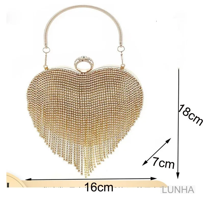 Pochette da donna Borsa da sera con nappa con strass Borsa da banchetto con diamanti a forma di cuore per abiti da festa