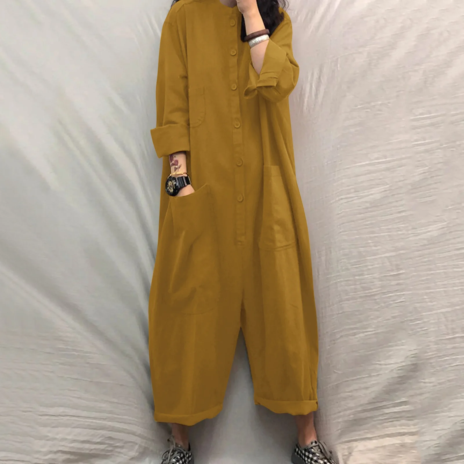 Jumpsuits women 2026 rompers multi-pocket solid color button open stitch pocket long sleeve jumpsuits women's clothing