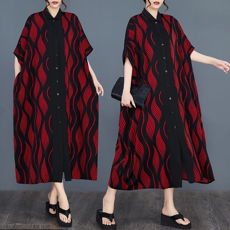 SuperAen Nieuwe 2023 Zomer Loszittende Oversize Mode Bedrukt Shirt Patchwork Single Breasted A-lijn Lange Jurken