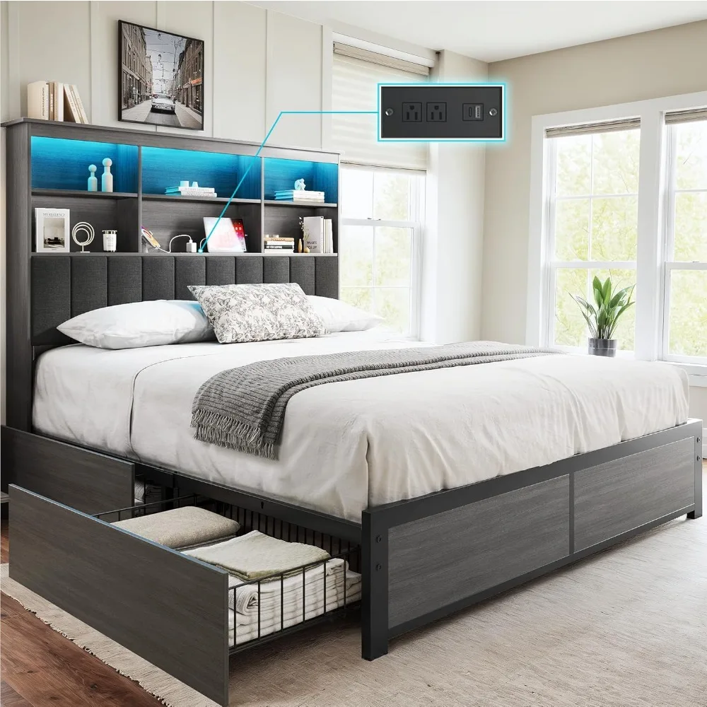 

HISOFT Queen Bed Frame with Storage Headboard, Wood Bed with High Storage Bookcase, 4 Drawers & LED & Charging Station,No Box Sp