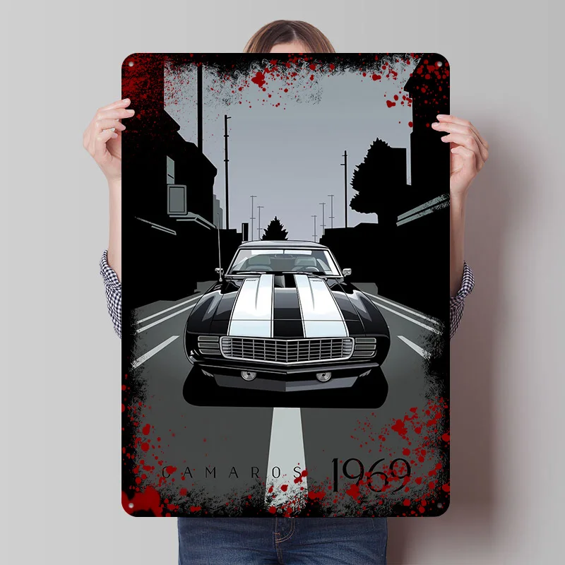 1969 Sports Camaro Vector Art Car Printed Poster Customized Retro Wall Art Vintage Metal Tin Signs for Bar Accessories Wand Deko