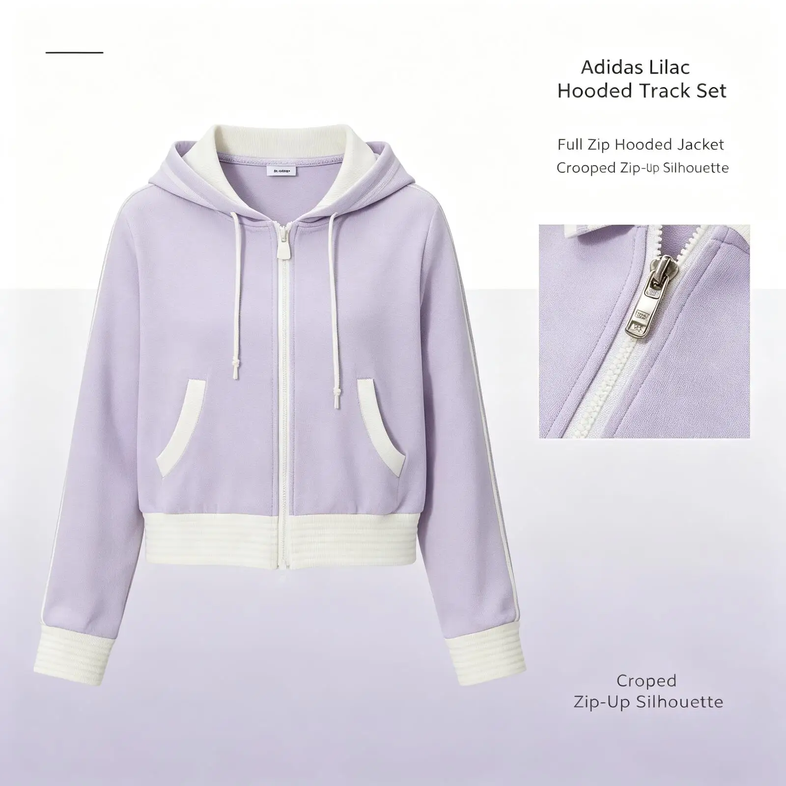 Adidas Women Lilac Hooded Track Jacket Pants 2 Piece Set Soft Knit White Zip Striped Sporty Casual Daily Outfit  KY2151