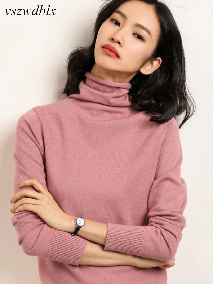 YSZWDBLX damskie swetry z golfem jednolity, slim fit koreańskie koszule z wycięciem jesienno-zimowy swobodny sweter z dzianiny fioletowy sweter