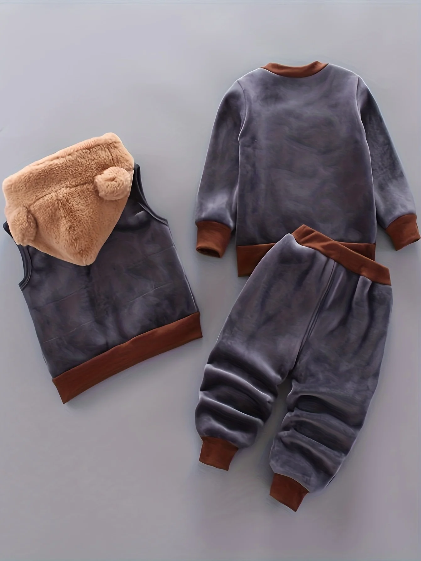 Toddler Baby Boys 3Pcs Fleece Tracksuit Cartoon Bear Plush Hooded Vest Long Sleeve Sweatshirt Elastic Waist Jogger Pants Set