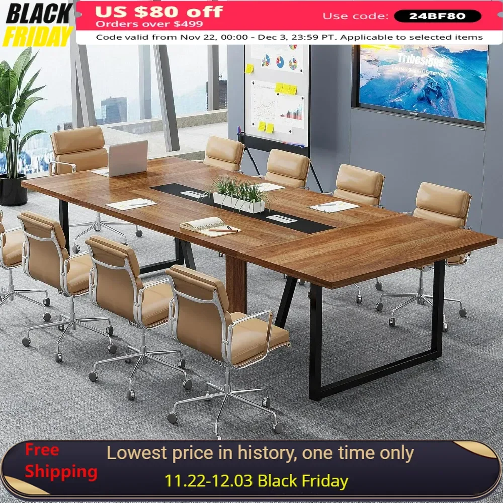 8FT Conference Table, Podcast Table for 10 People, Business Style Wooden Training Table with Strong Metal Frame