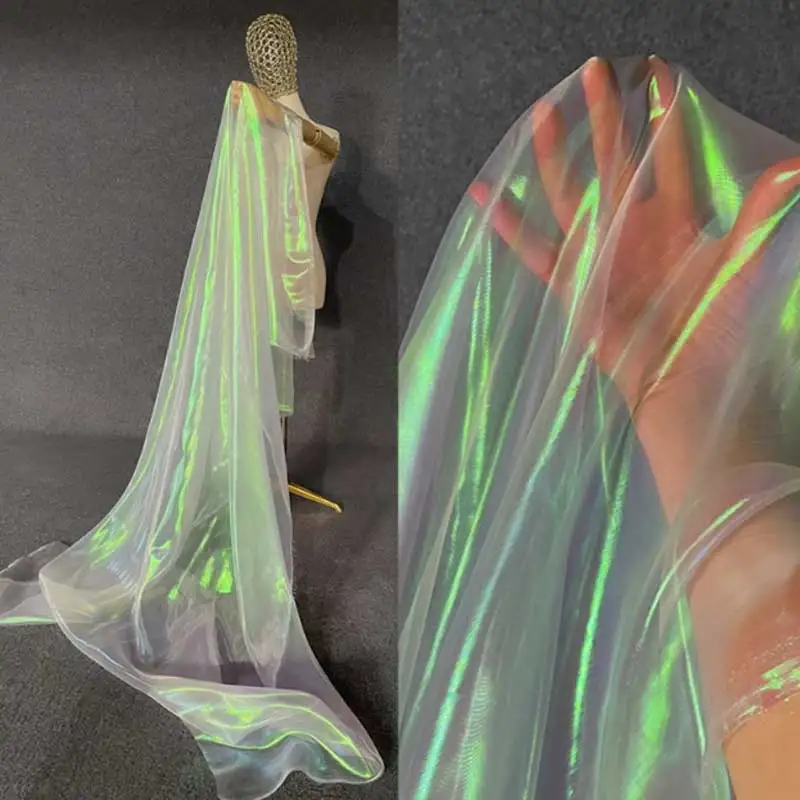 White Iridescent Mesh Fabric - Laser Rainbow Sheer Organza for Ethereal Fashion Designs  Enchanting Visual Effects