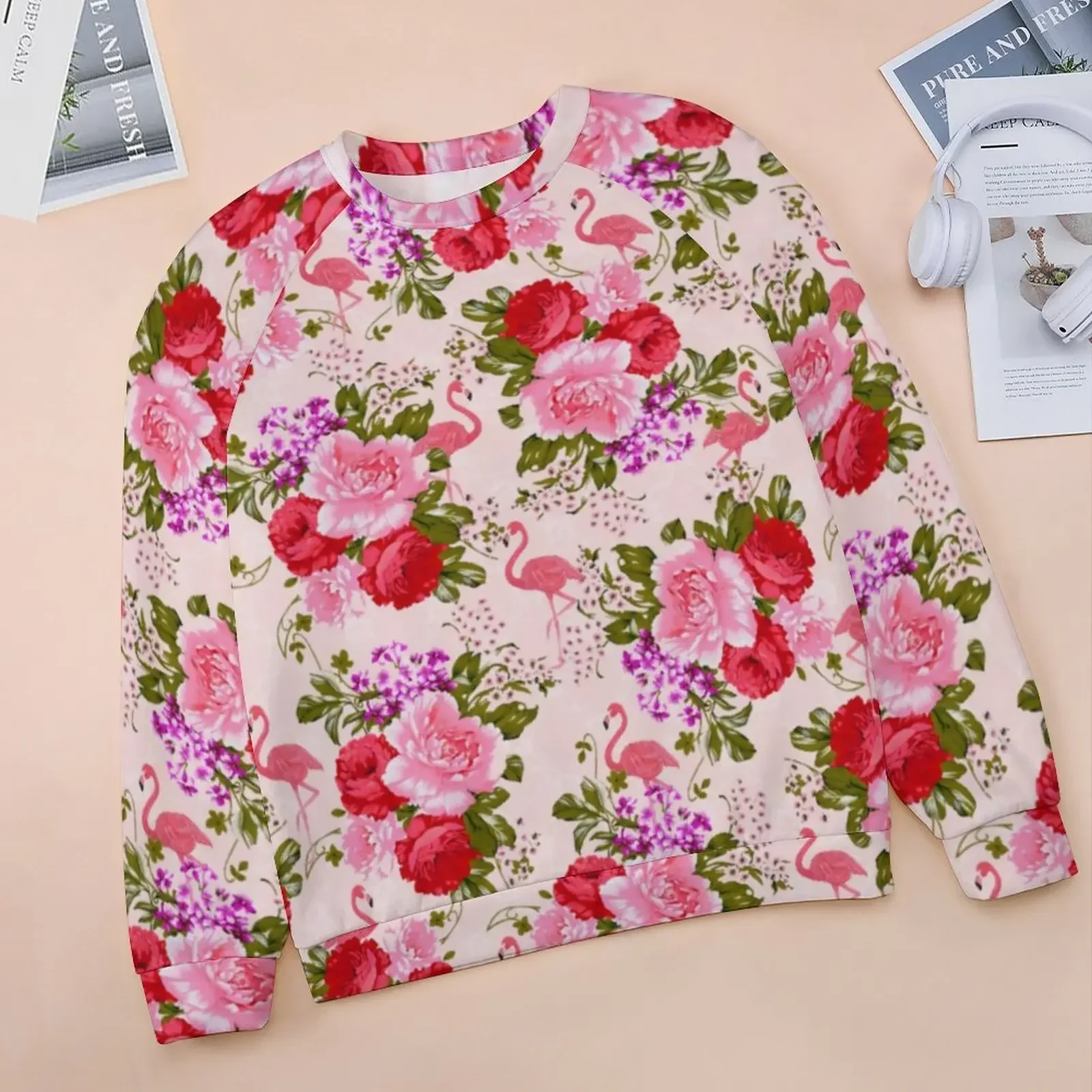 Tropical  Baroque Floral Casual Hoodies Autumn Vintage Pink Roses Hoodie Woman Long Sleeve Oversized Fashion Pattern Sweatshirts