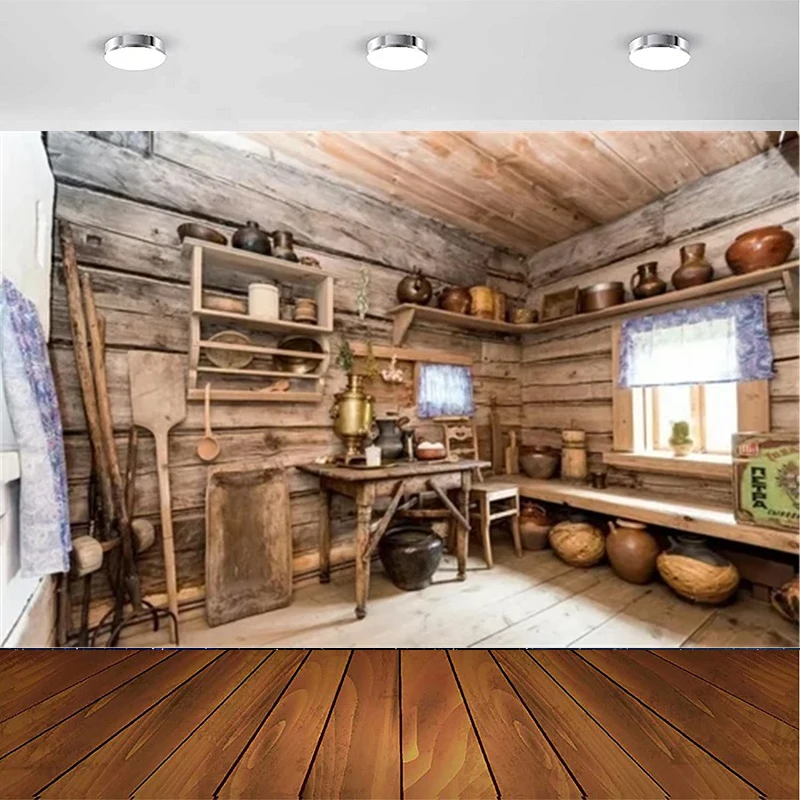 Fondo de fotografía casa de madera antigua occidental cocina Interior granja Rural chimenea utensilios de cocina fondo vaqueros