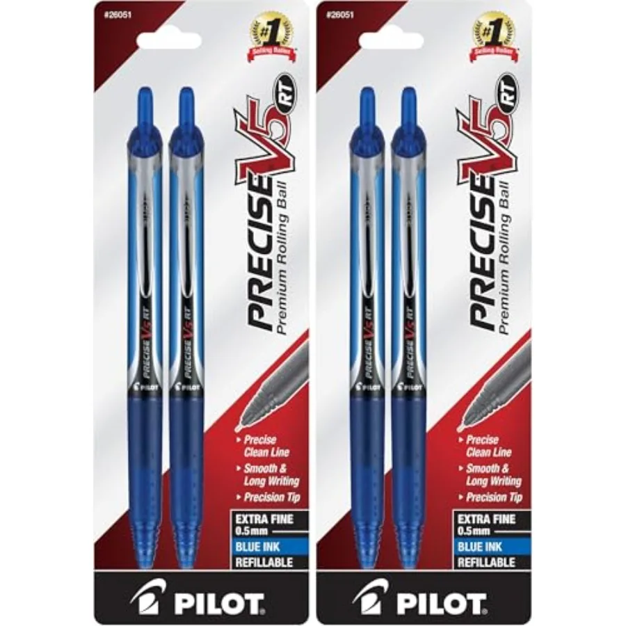 Pilot Precise V5 RT Refillable and Retractable Liquid Ink Rolling Ball Pens, Extra Fine Point 0.5mm Blue Ink, 4-Pack (26051)