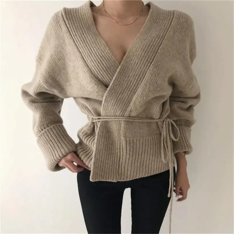 Autumn Casual Kintted Open Cardigan Jacket Coat Woman Lace-Up Sexy V-Neck Loose Cardigans New Fashion Short Knit Sweaters Khaki