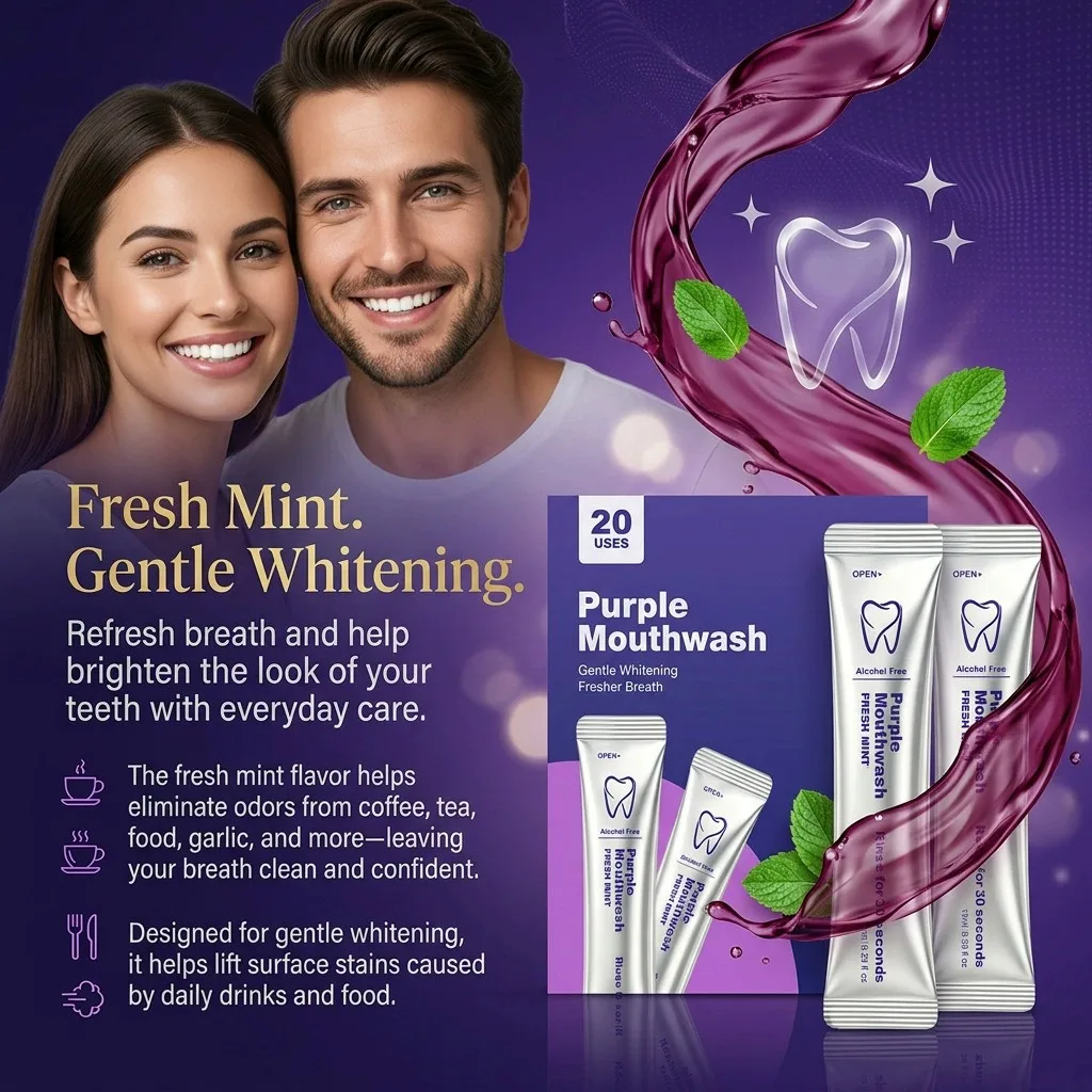 Disposable Purple Mouthwash Sachets Alcohol Free Mint Flavor Portable Travel Oral Rinse Gentle Clean Teeth Gum Care Fresh Breath