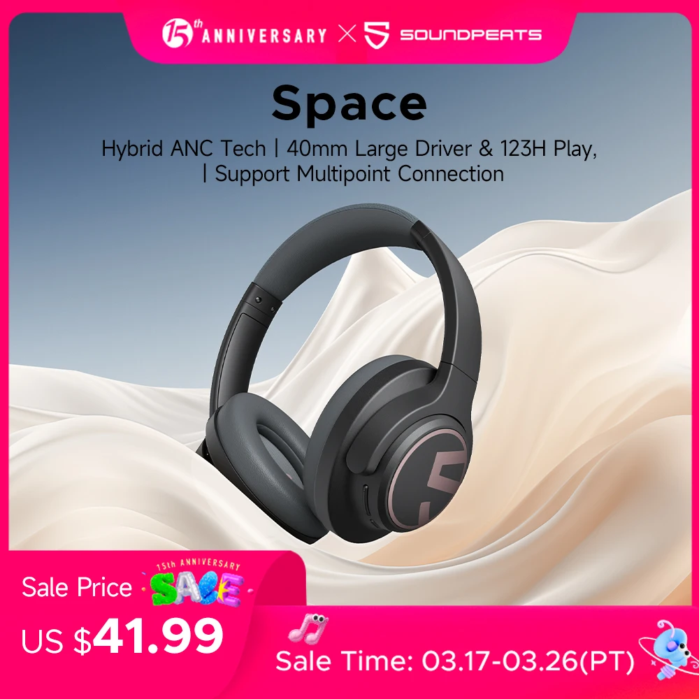 SoundPEATS Space Headphones Bluetooth 5.3 Hybrid Active Noise Cancelling Wireless Headphone,123H Play,Mic,Multipoint Connection