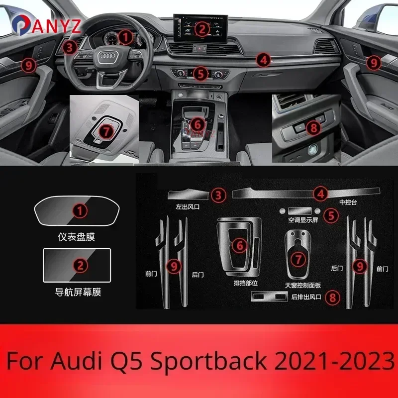 

For Audi Q5 Sportback 2023 2022 2021 Accessories Interior Film Transparent TPU Gear Panel Center Console PPF Protection Sticker