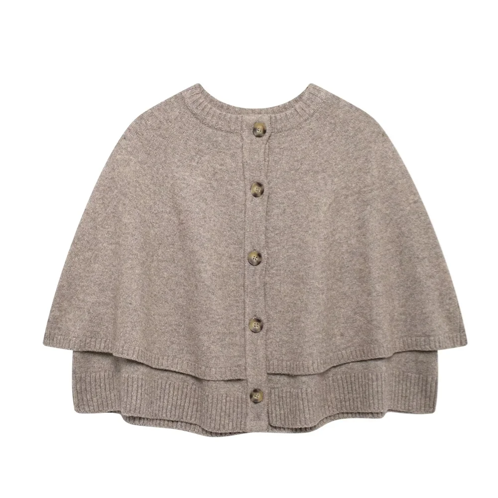 PB&ZA2024 autumn new women\'s clothing style simple round neck button decoration versatile cape design knitted jacket