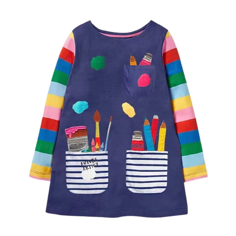 Spring meter 2-8t heiß verkaufte Kinder schul kleider mit Taschen Stifts tickerei Langarm Herbst Kinder Preppy Style Kleid