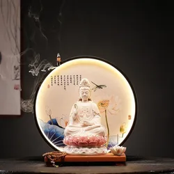 Porcelain Guanyin Statue LED Backflow Incense Burner - Creative Waterfall Smoke Modern Chinese Zen Home Living Room Office Table