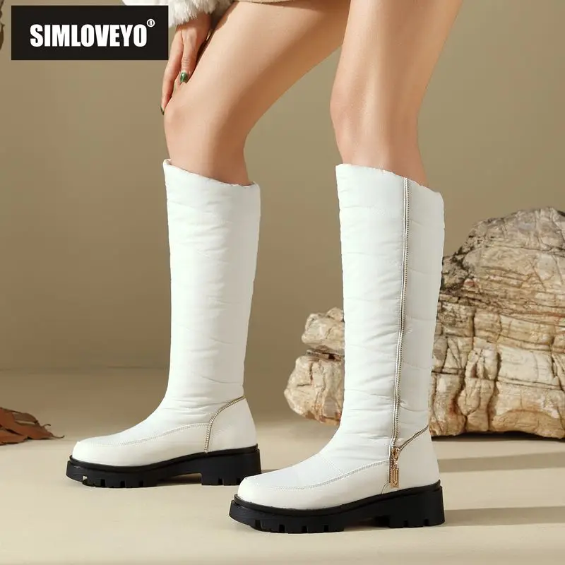 

SIMLOVEYO Зимние женские зимние ботинки с круглым носком на толстом каблуке без шнуровки на молнии, черные, белые, большие размеры 43, 44, повседневные теплые сапоги до колена