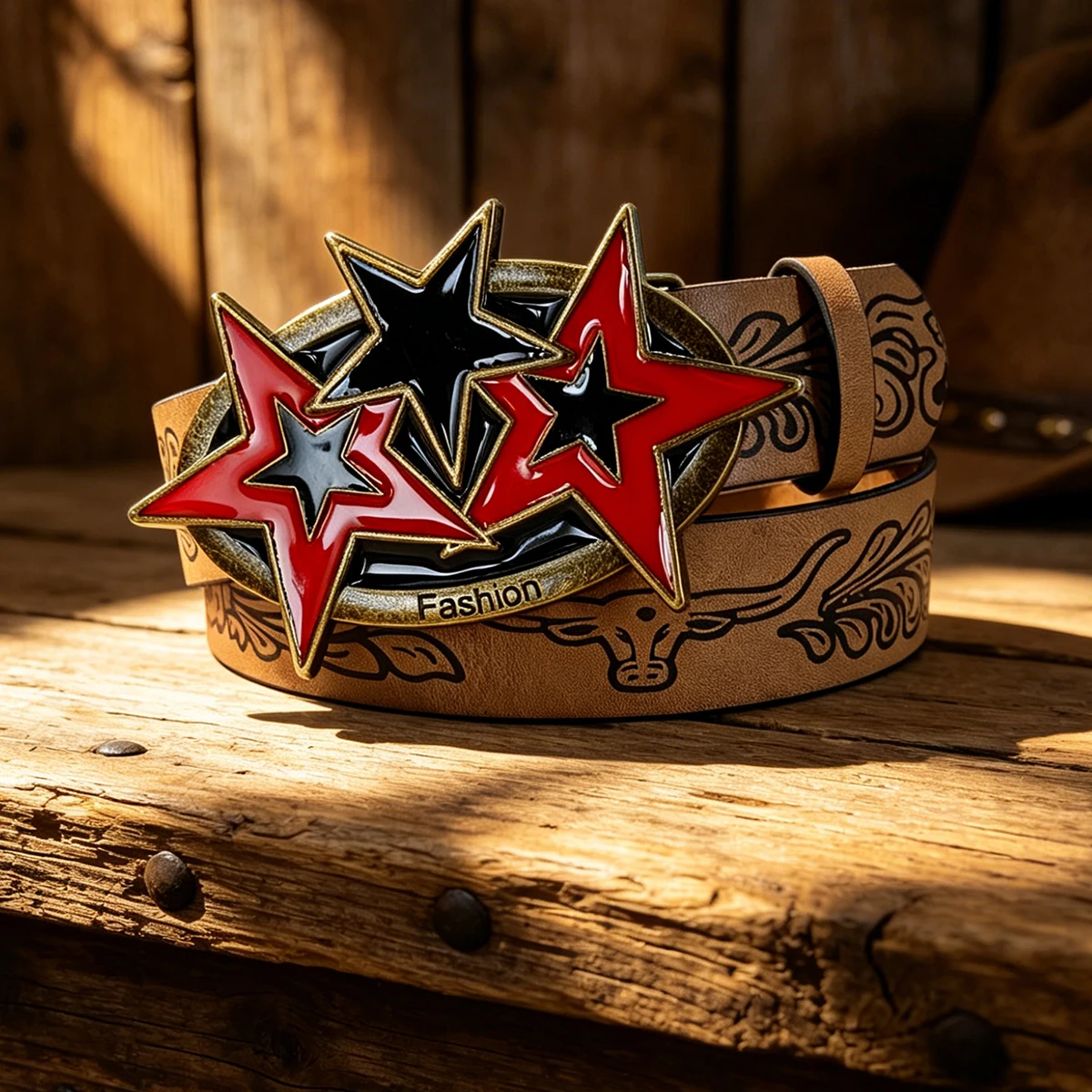 Retro western Cowboy Cowgirl Bull pattern PU leather belt fashionable and casual Jeans Belt 3.8cm width plus Size Khaki belt