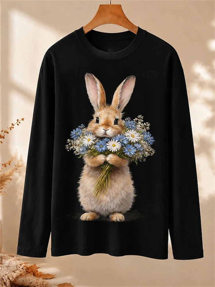 New Fall Women's Long-Sleeve Top Cute Rabbit Bouquet Print Artistic Street Style Loose-Fitting Minimalist Long-Sleeve T-Shirt
