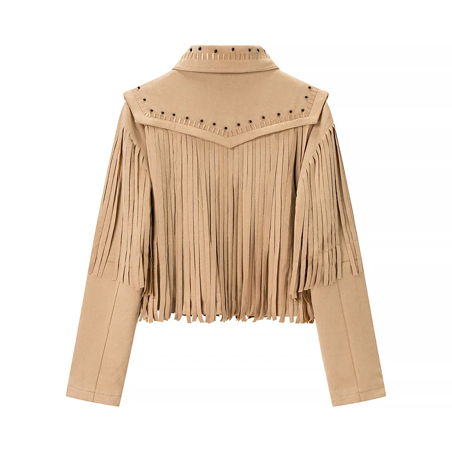 JNLEAOG Women's Autumn New Design Tassel Suede PU Jacket Coat Straight Cut Long Sleeve Zipper Closure Pure Color Fashionable