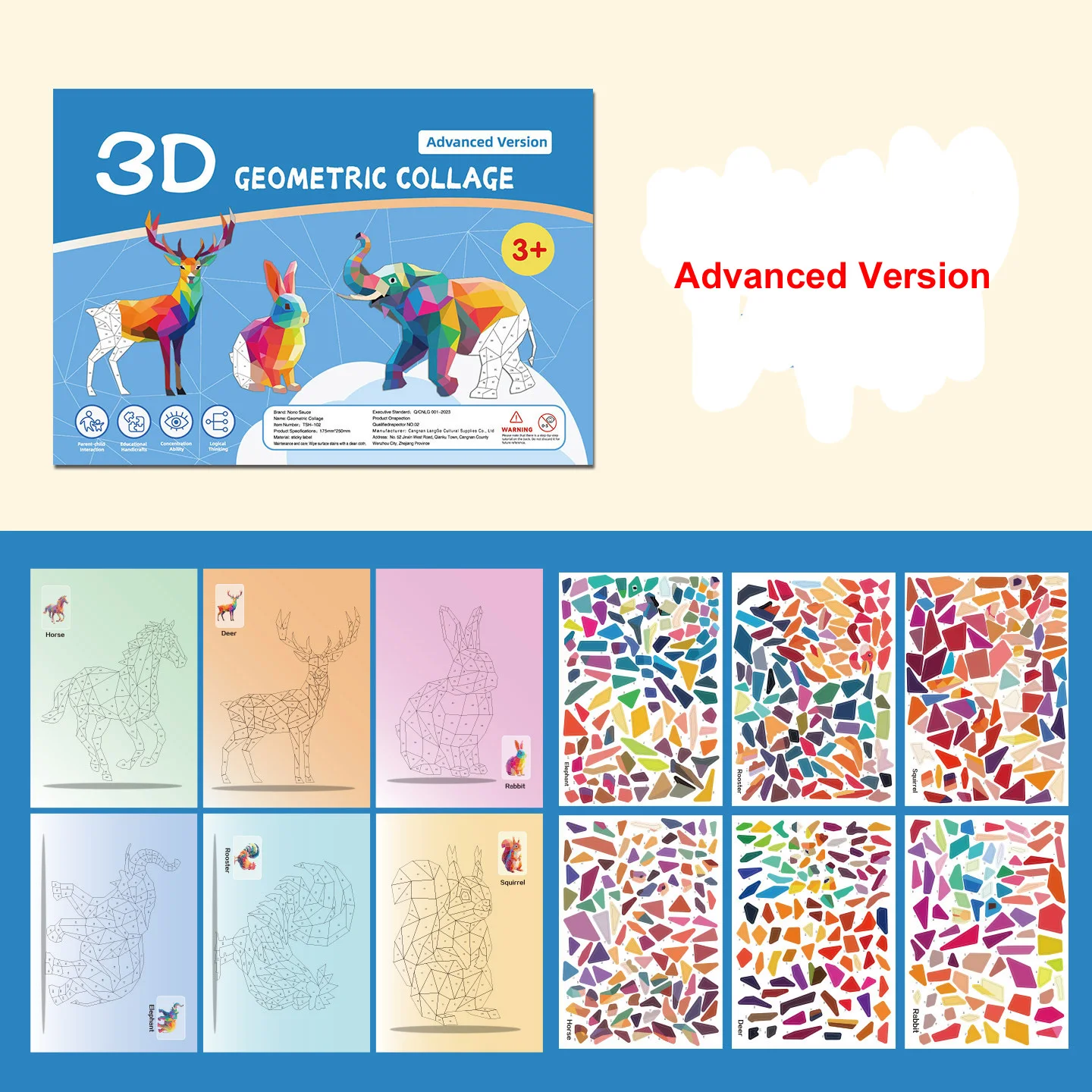 Handgemaakte stickers Dieren Cognitieve 6 Geometrische Collages Kinderpuzzel Verbeter de focus Training Verlichting Speelgoedstickers
